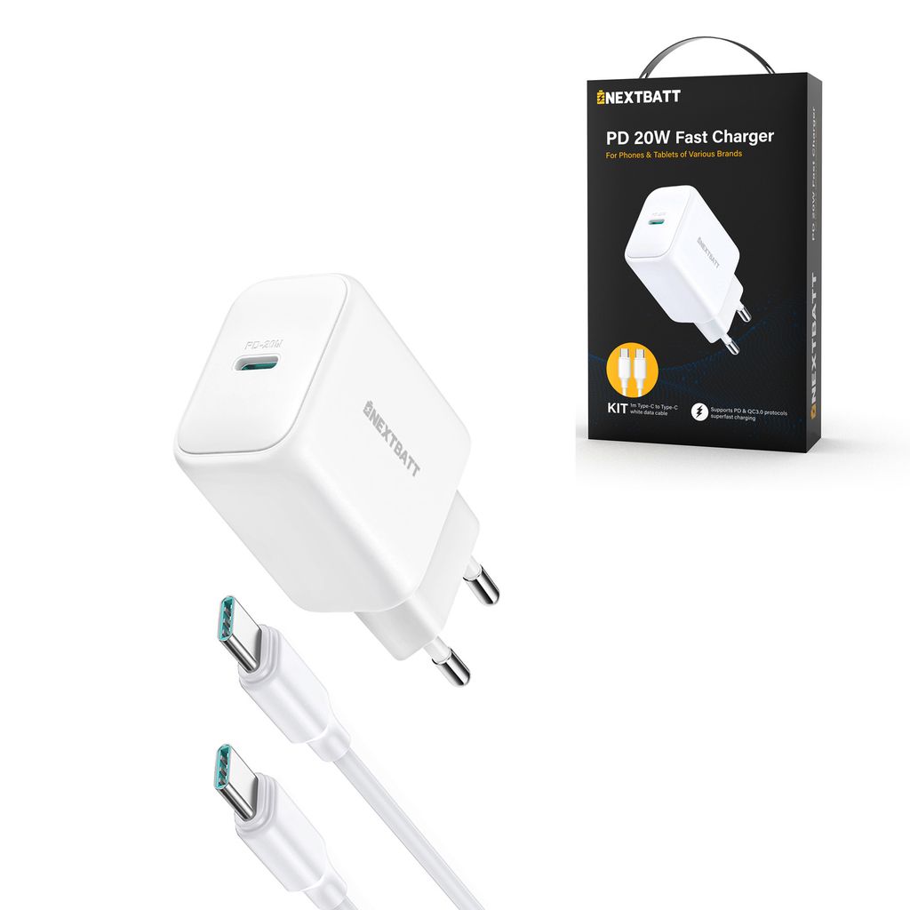 NEXTBATT 20 W pikalaturi PD + 60 W USB-C-kaapeli, 1 m - valkoinen