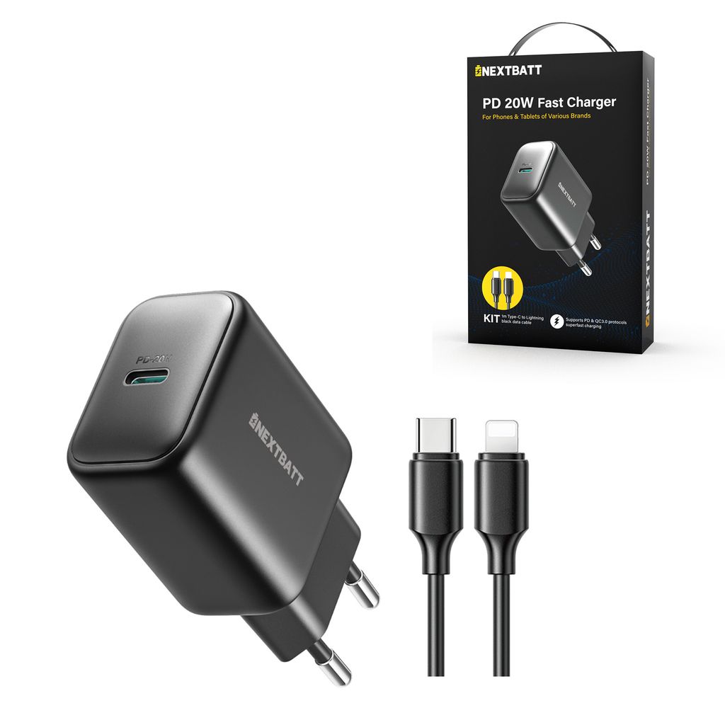 NEXTBATT Lightning - USB-C PD iPhonen pikalaturi 20W kaapelilla, 1m - musta