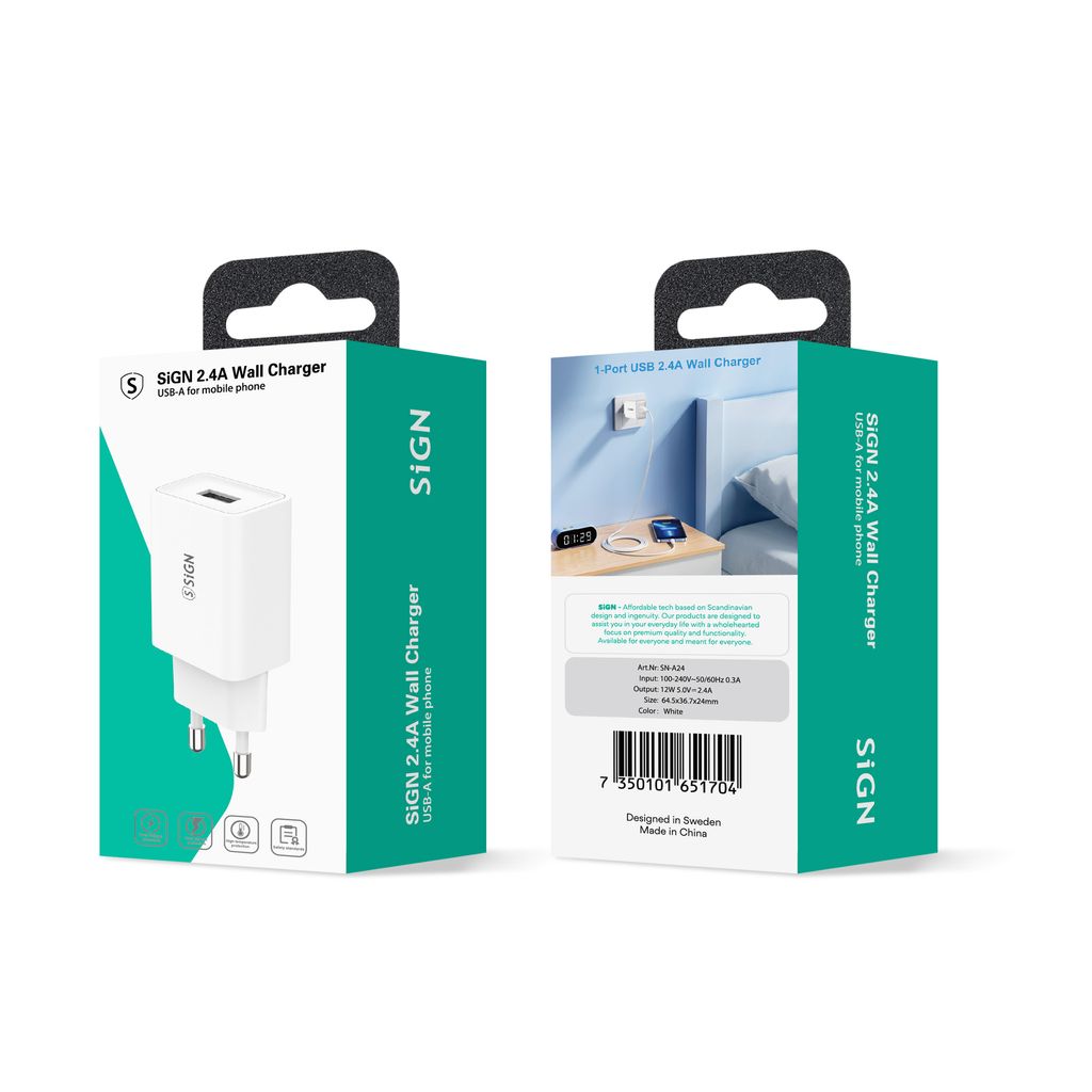 SiGN Väggladdare för iPhone, iPad, Android 1xUSB-A, 2.4A - Vit
