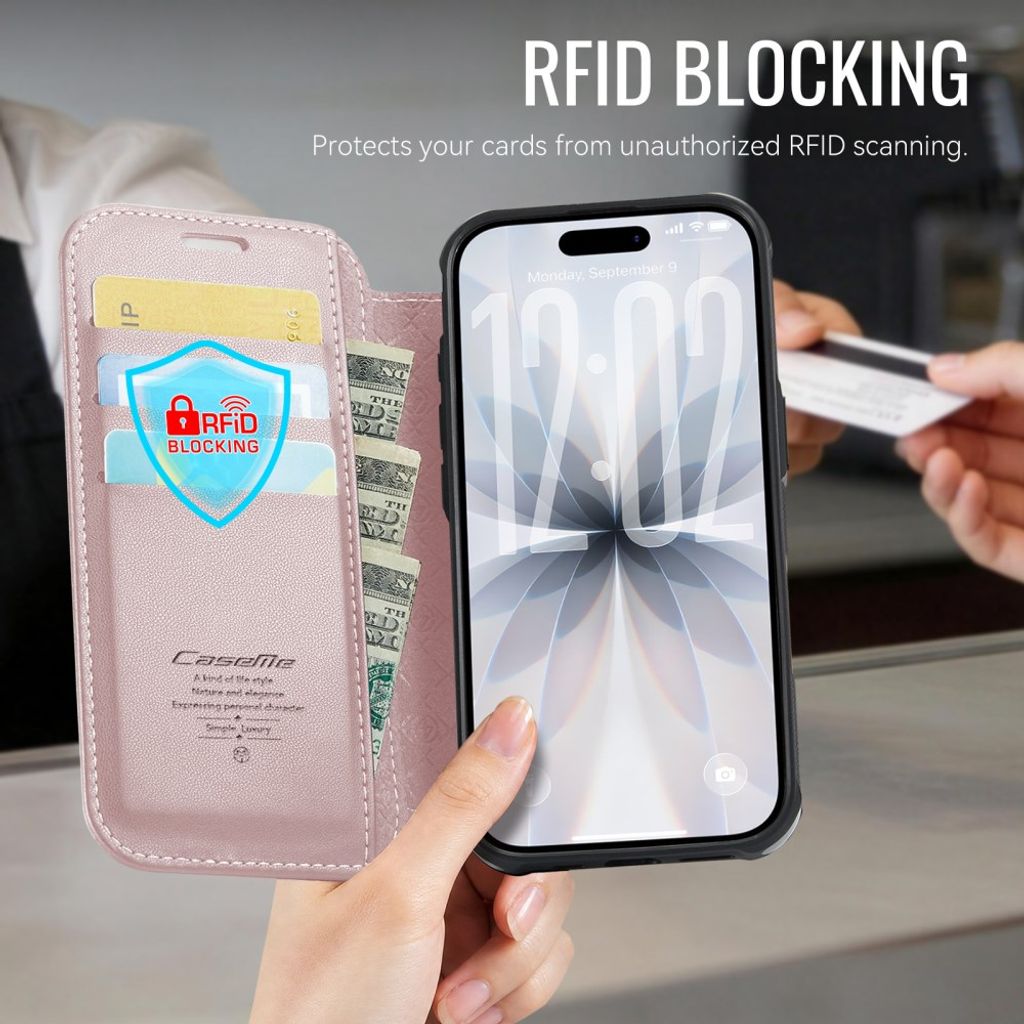 CASEME 053  iPhone 16 Plus Lompakkokotelo MagSafe RFID-estävä - Vaaleanpunainen