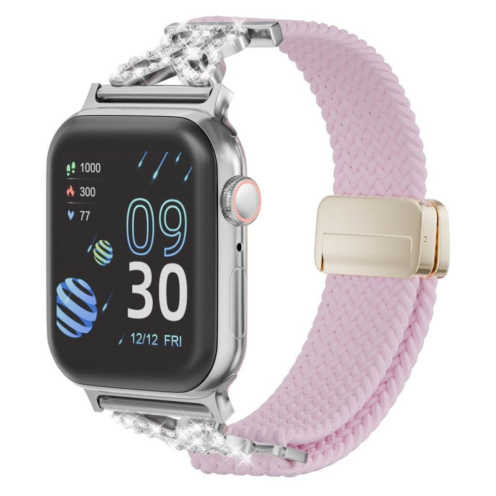 Apple Watch 42/41/40/38mm Flätat Klockarmband i Nylon med Strass - Lila