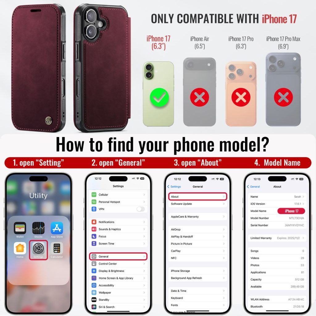 CASEME 053 iPhone 17 Lompakkokotelo MagSafe RFID-estävä - Punainen