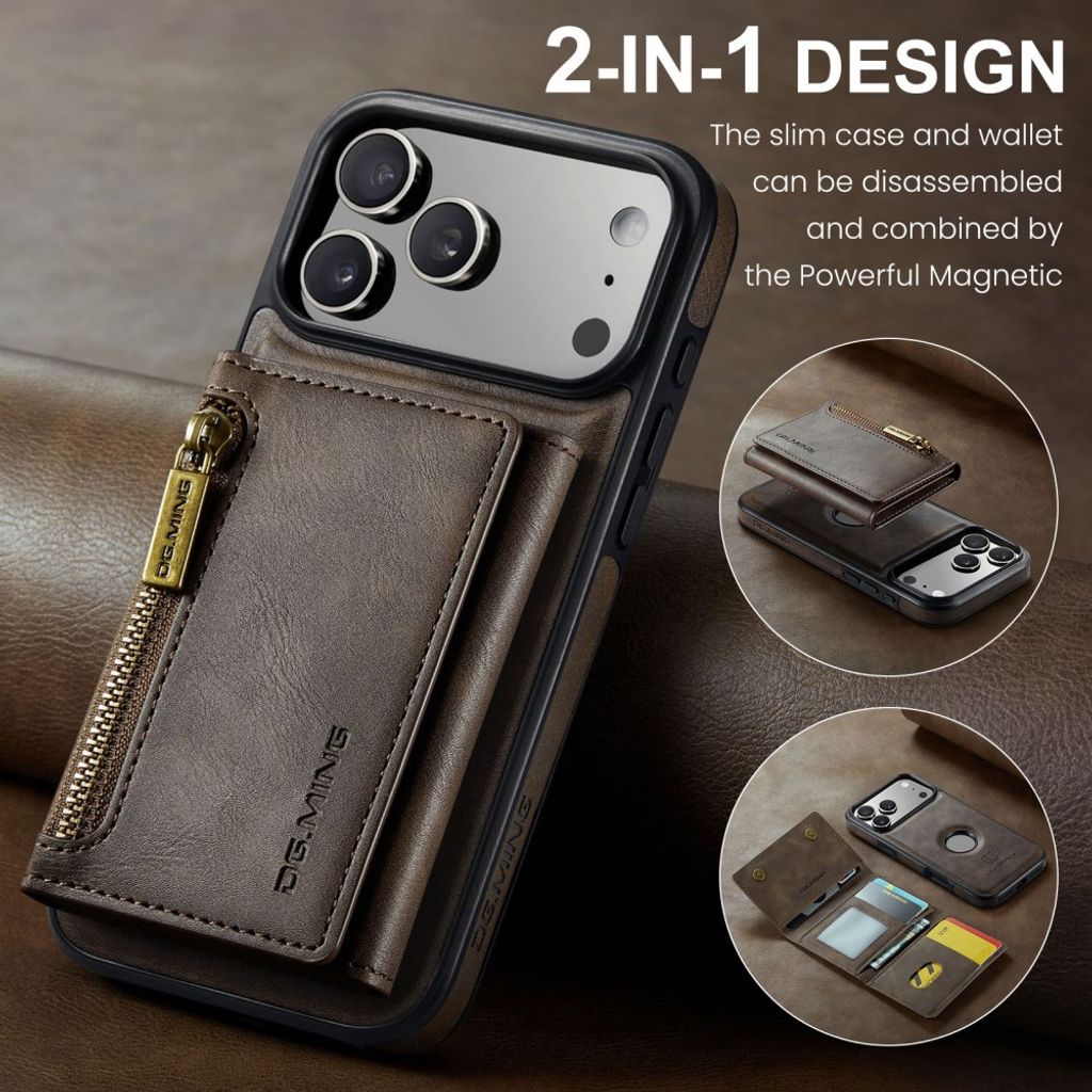DG.MING iPhone 18 Pro Max/17 Pro Max Skal med Magnetisk Avtagbar Plånbok - Brun