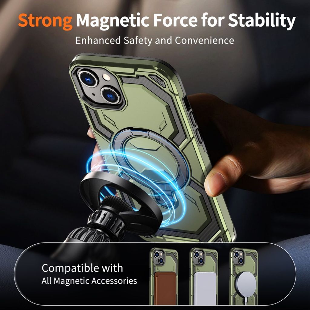 iPhone 15 Hybrid Cover MagSafe Ring/Stativ - Grøn