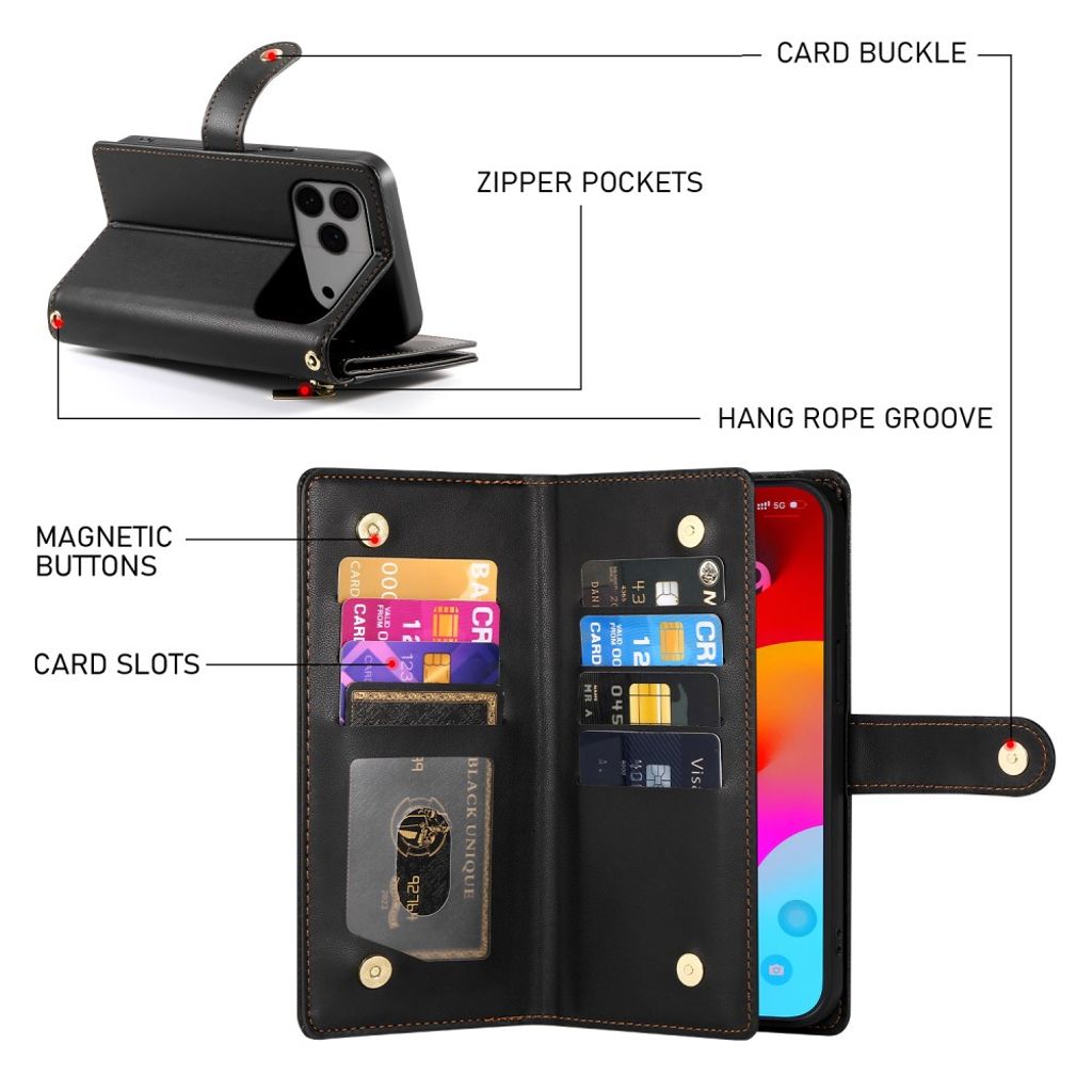 iPhone 17 Pro Max Plånboksfodral med Bärrem - Svart
