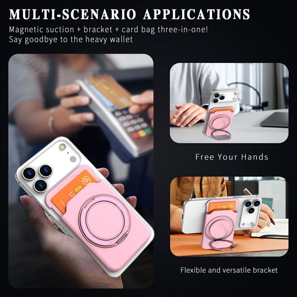 Magnetisk kortholder til mobiltelefon med ringstativ - rosa
