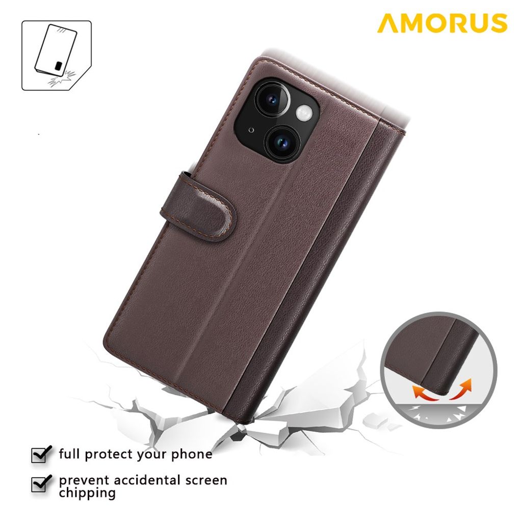 AMORUS iPhone 15 Wallet Cover Stand Real Leather – Brown