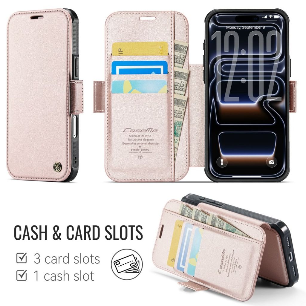 CASEME 053 iPhone 17 Pro Max Lommeboketui MagSafe RFID Blokkerende - Lysrosa
