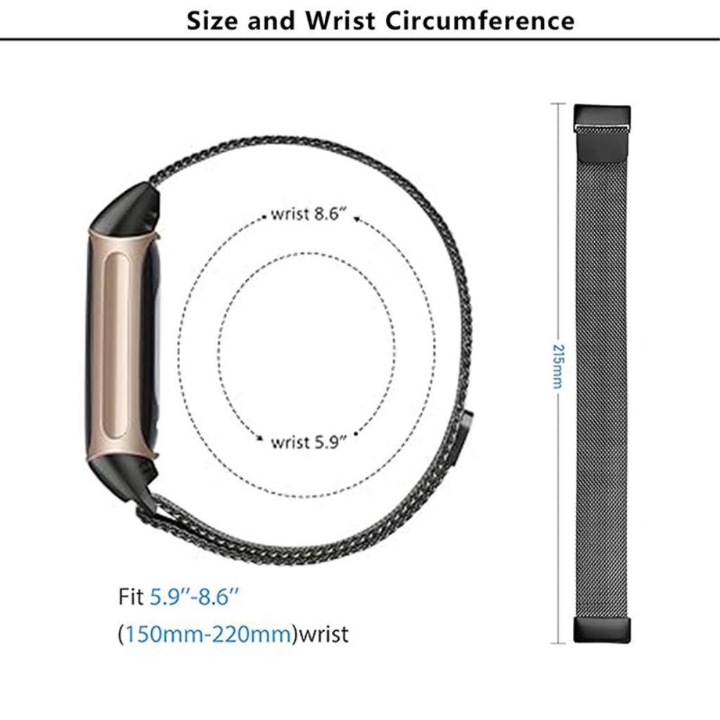 KALEBOL Fitbit Charge 6/5 Kellonranneke, Ruostumaton teräs - musta