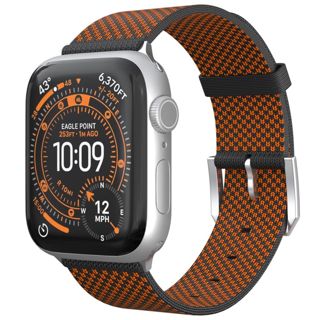 Apple Watch 49 / 46 / 44 / 42mm Säädettävä nailoninen kellonranneke - Musta/Oranssi