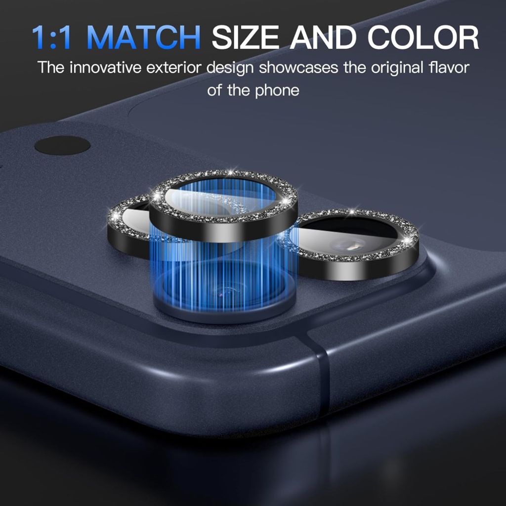 iPhone 18 Pro Linsskydd Metallring Härdat Glas Glitter - Svart