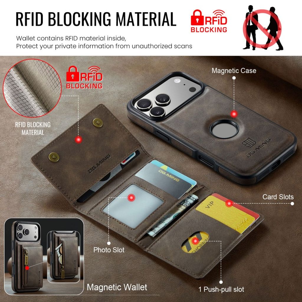 DG.MING iPhone 18 Pro Max/17 Pro Max Skal med Magnetisk Avtagbar Plånbok - Brun