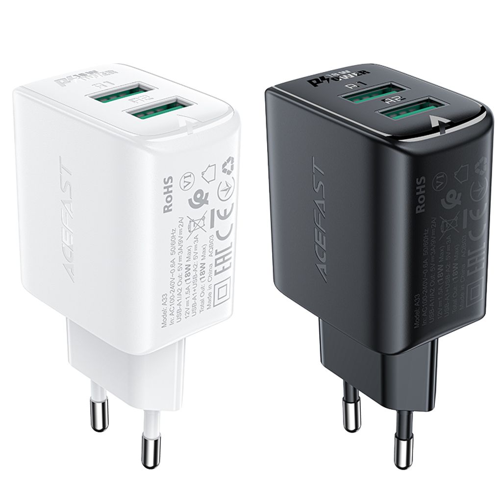 Acefast charger 2x USB 18W QC 3.0, AFC, FCP vit (A33 white)