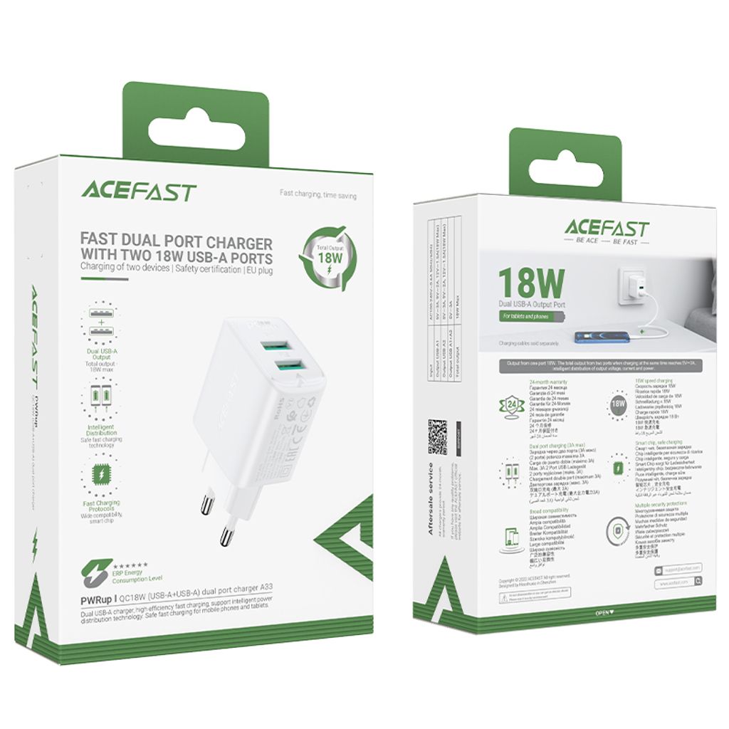 Acefast charger 2x USB 18W QC 3.0, AFC, FCP vit (A33 white)