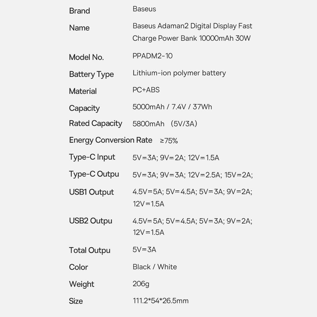 Baseus Adaman2 powerbank digital display 10000mAh 30W svart