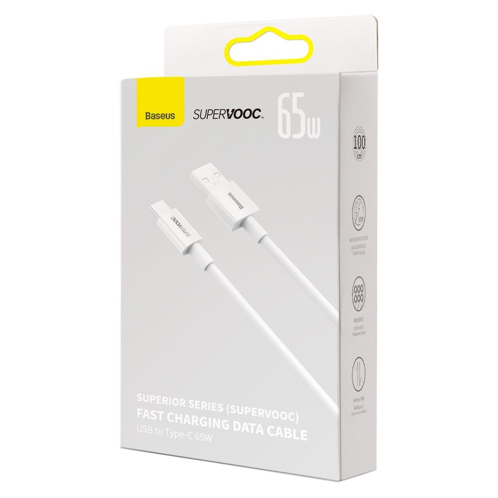 Baseus Superior Series SUPERVOOC USB-A til USB-C 65W 1m kabel hvid