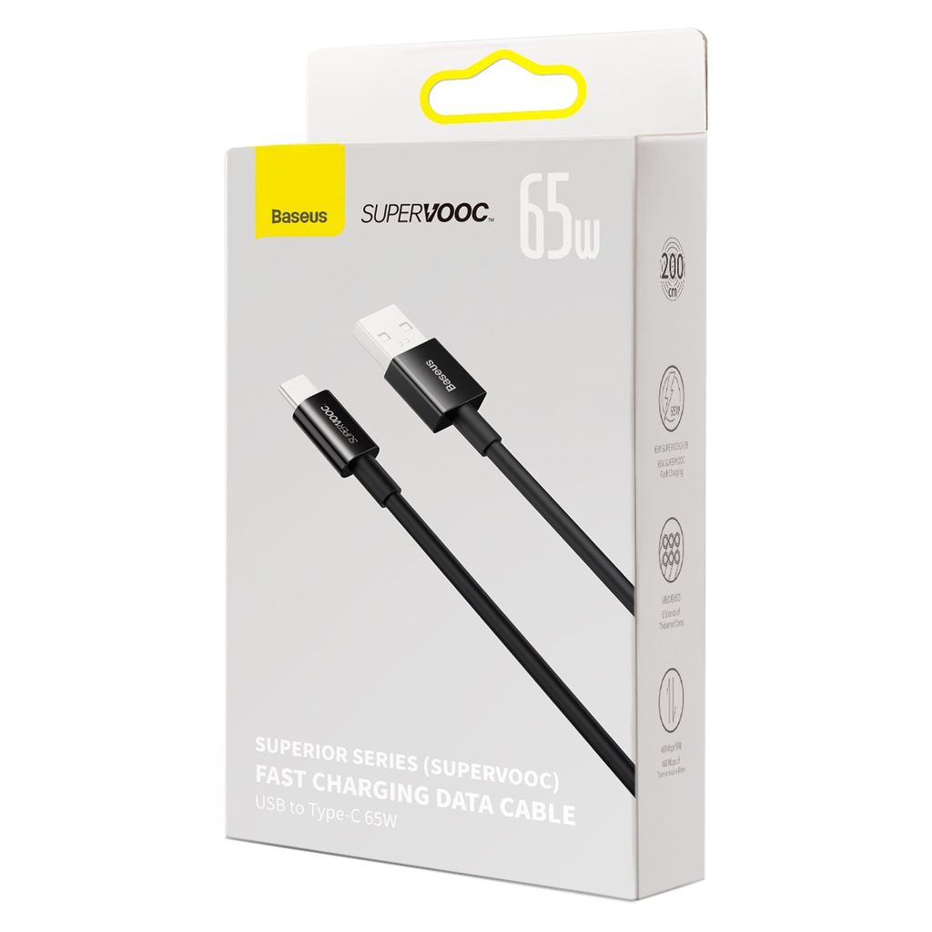 Baseus Superior Series SUPERVOOC USB-A til USB-C kabel 65W 2m sort