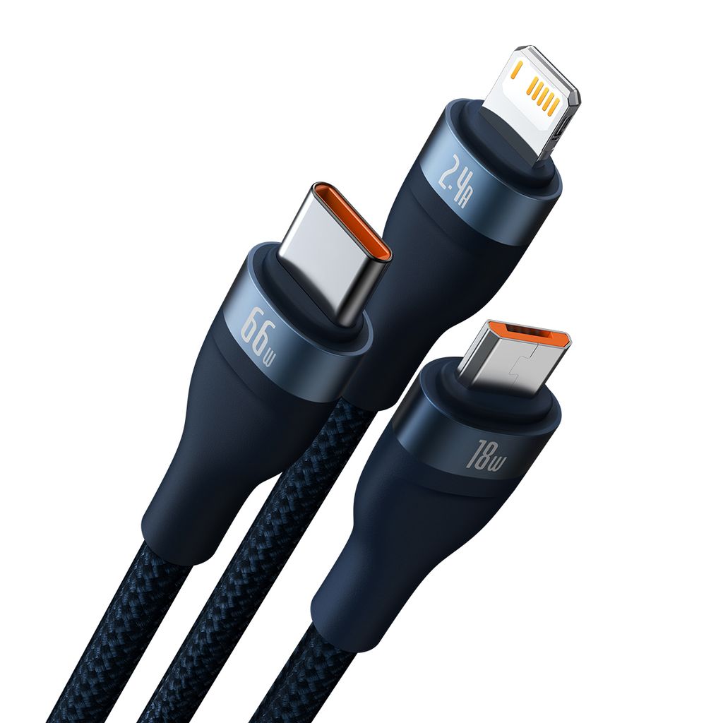 Baseus Flash Series Ⅱ 3in1 fast charging kabel USB-A til USB-C/Micro-USB/Lightning 66W 1.2m blå