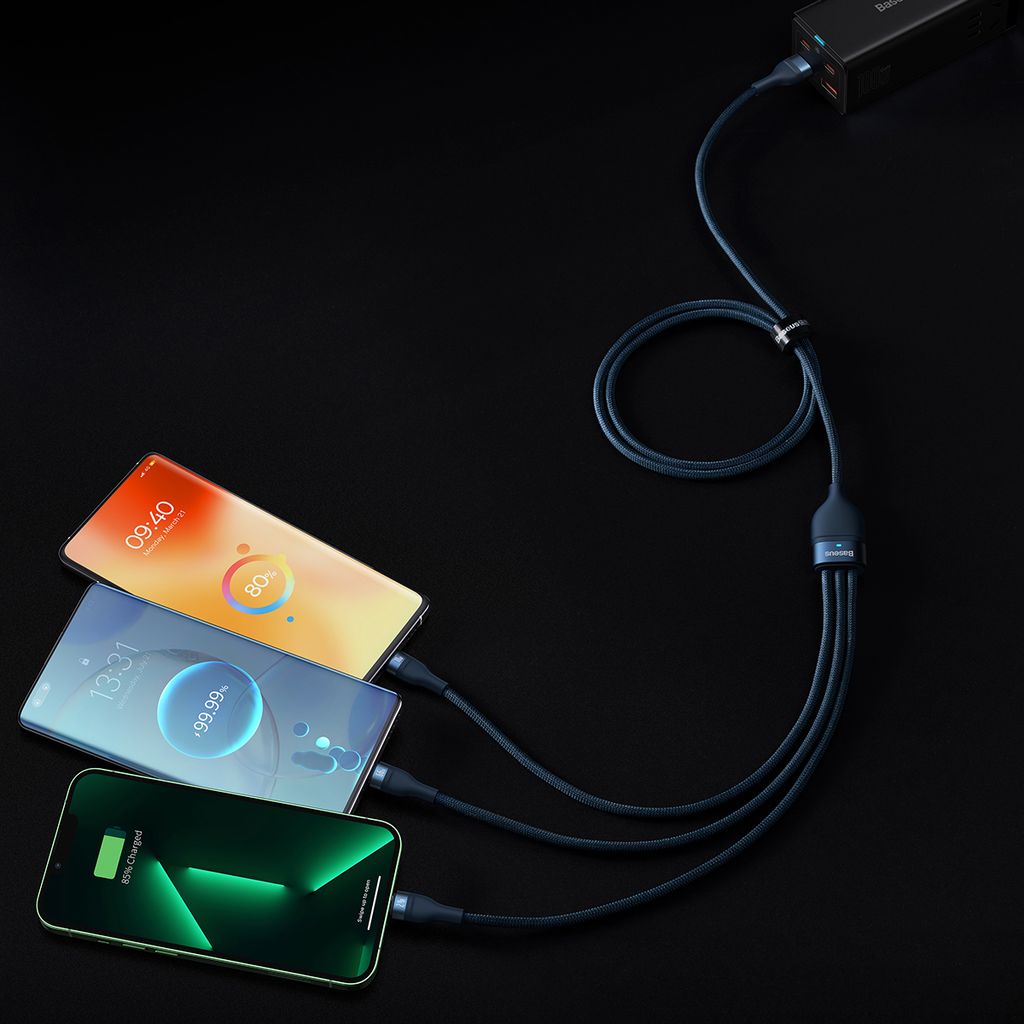 Baseus Flash Series Ⅱ 3in1 fast charging kabel USB-A til USB-C/Micro-USB/Lightning 66W 1.2m blå