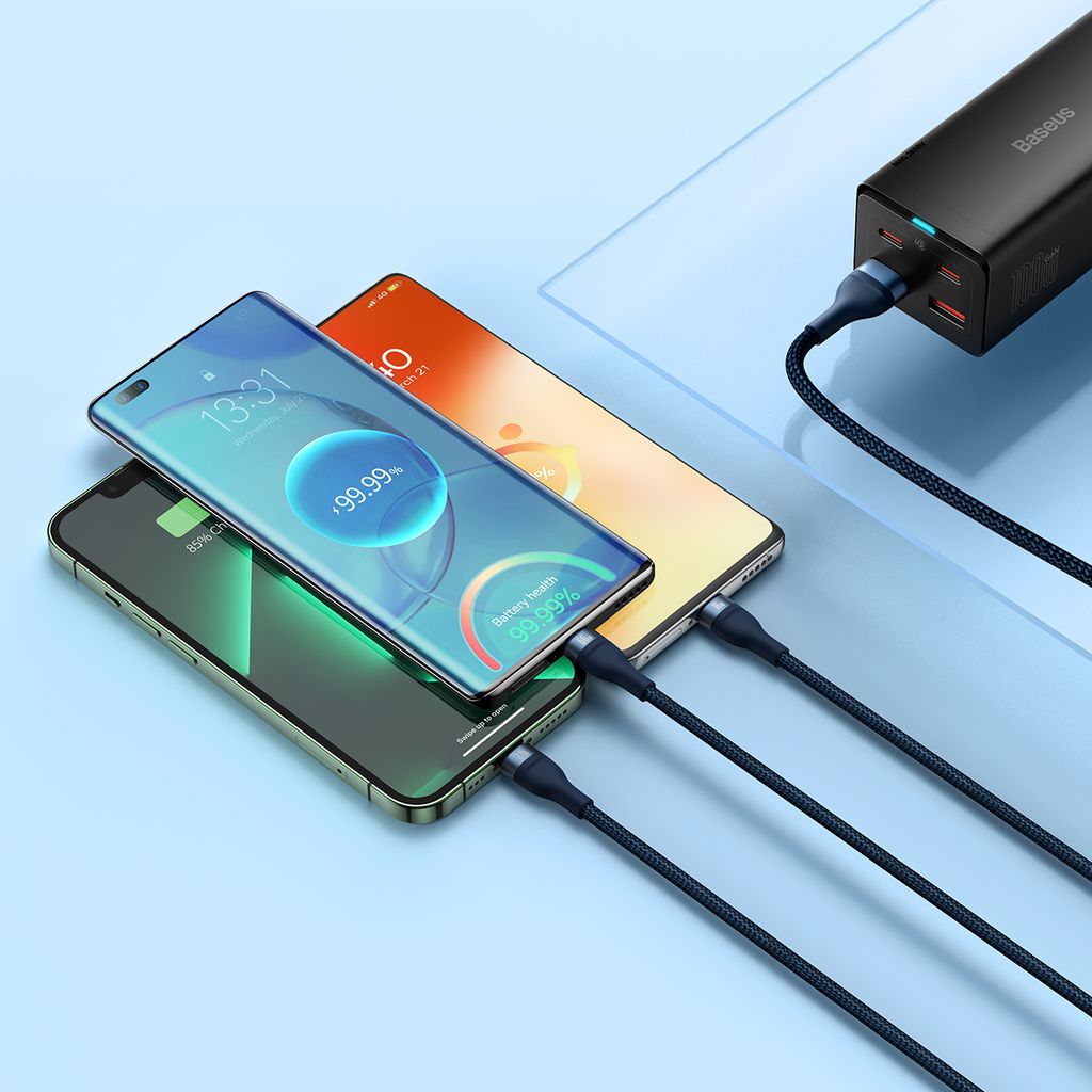 Baseus Flash Series Ⅱ 3in1 fast charging kabel USB-A til USB-C/Micro-USB/Lightning 66W 1.2m blå