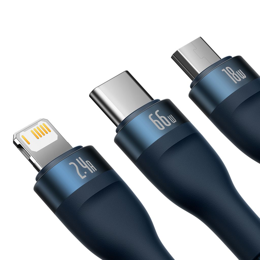 Baseus Flash Series Ⅱ 3in1 fast charging kabel USB-A til USB-C/Micro-USB/Lightning 66W 1.2m blå