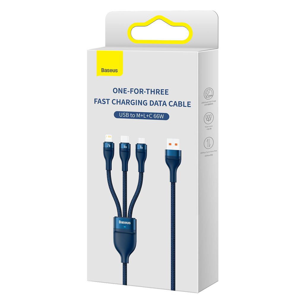 Baseus Flash Series Ⅱ 3in1 fast charging kabel USB-A til USB-C/Micro-USB/Lightning 66W 1.2m blå