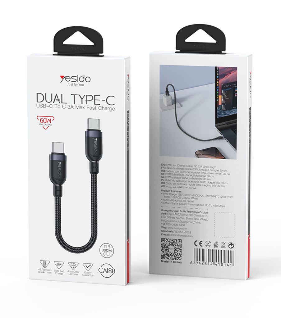 Yesido CA188 USB-C til USB-C-kabel 60 W hurtiglading 0,3 m – svart