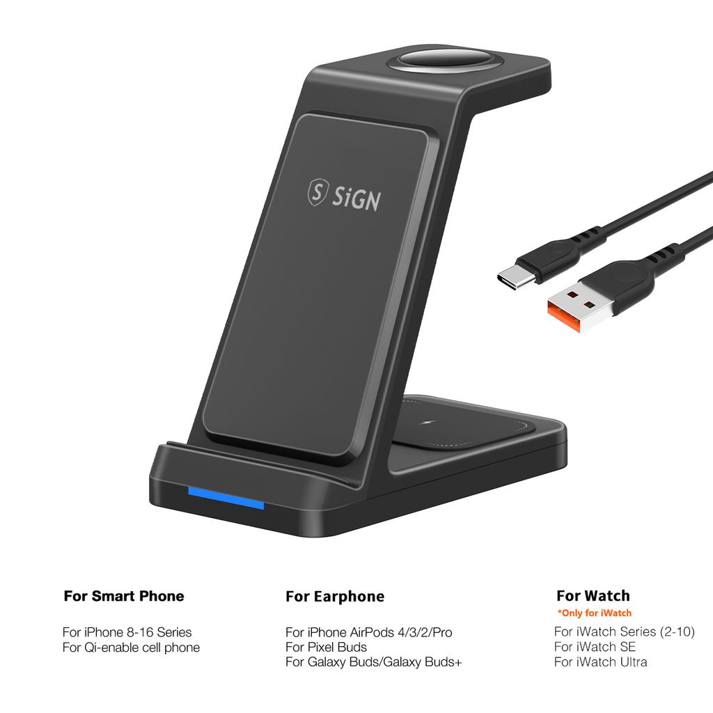 SiGN 3-in-1 Qi Langaton Latausteline 15W - Musta