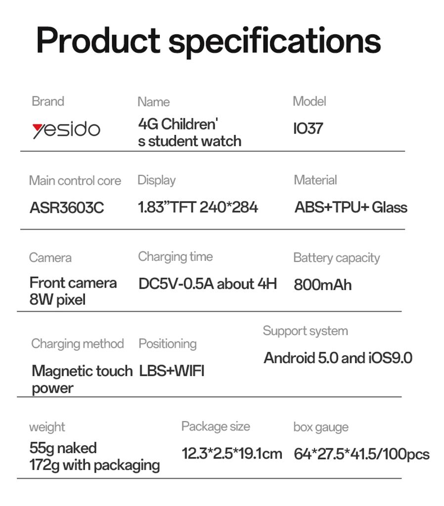 Yesido Børne Smartwatch 4G GPS Tracking / Videoopkald / SOS - Sort