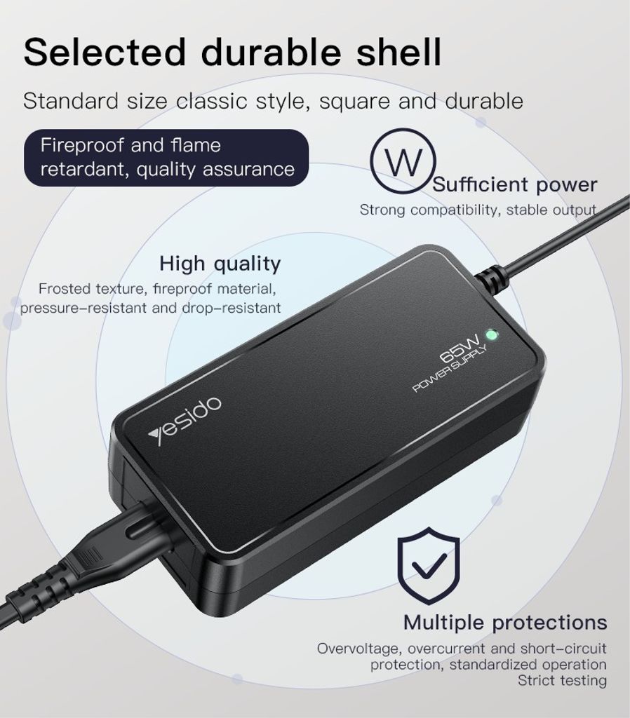 YESIDO CG11E Universal Laptop Oplader 65W Hurtig Oplader med 15 DC Stik
