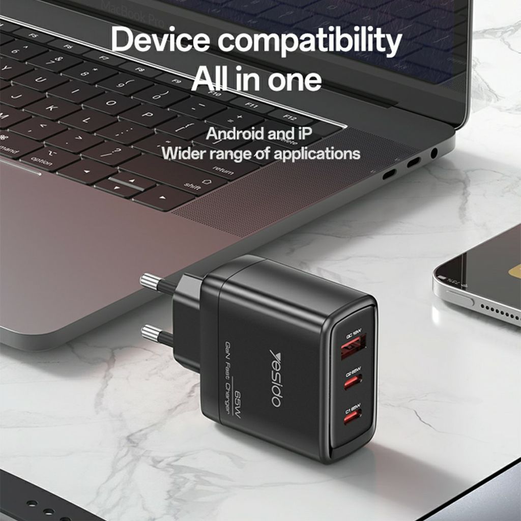 YESIDO YC144C 65W GaN hurtigoplader 2xUSB-C/1xUSB-A med USB-C kabel 1,2m – Sort