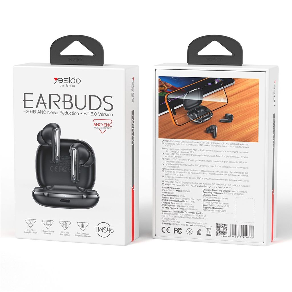 Yesido TWS45-BLK Bluetooth-nappikuulokkeet ANC/ENC-toiminnolla - musta