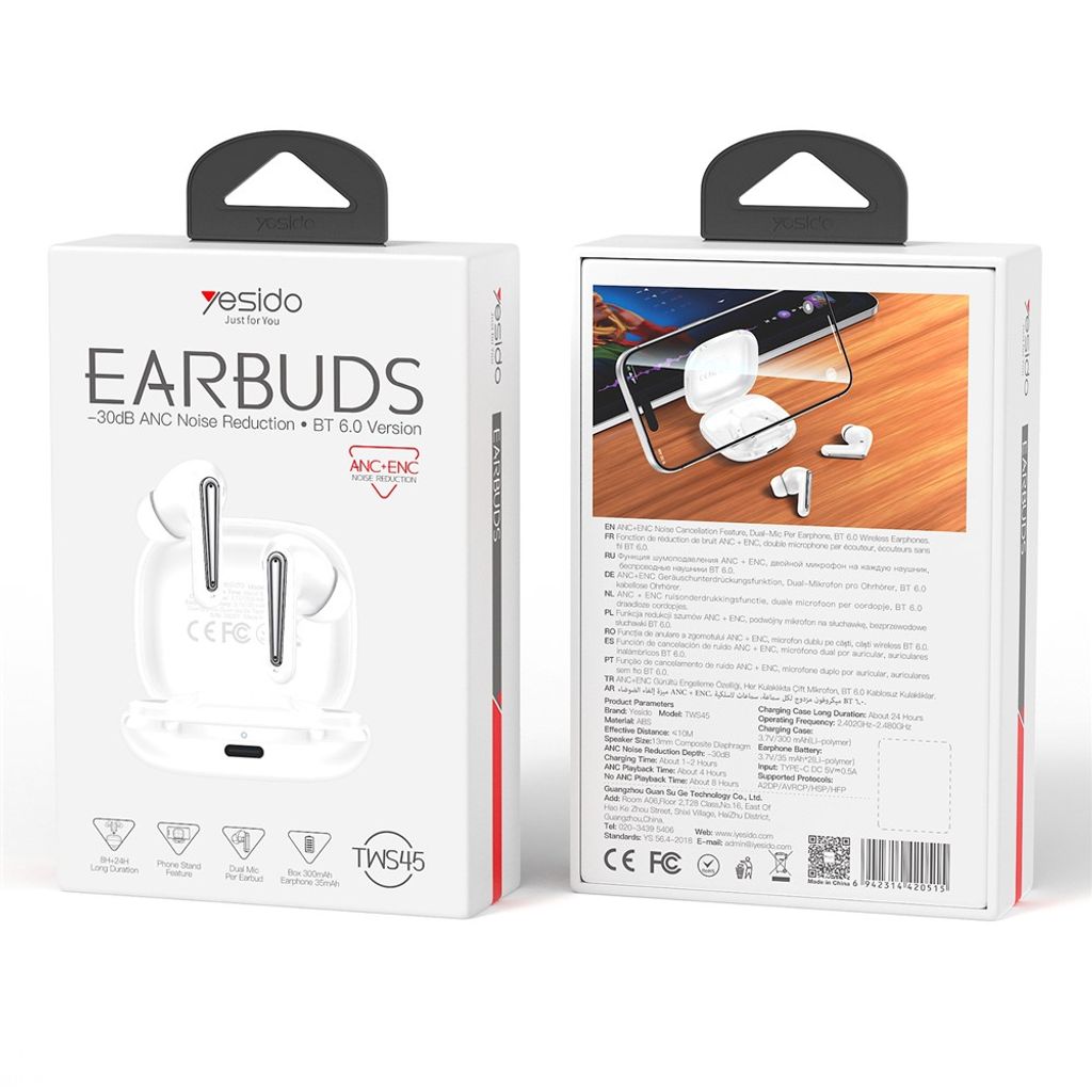 Yesido TWS45-WHT Bluetooth-nappikuulokkeet ANC/ENC-toiminnolla – valkoiset