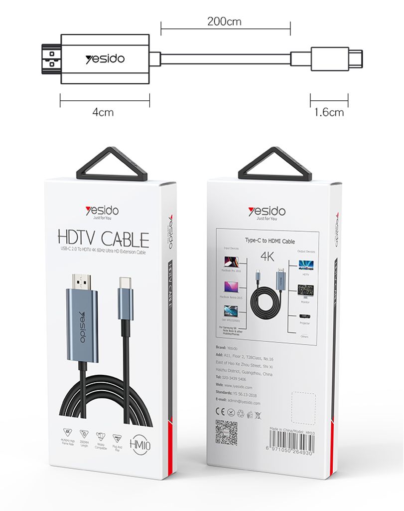 YESIDO HM10 USB-C - HDMI -kaapeli 4K 60Hz, 2m