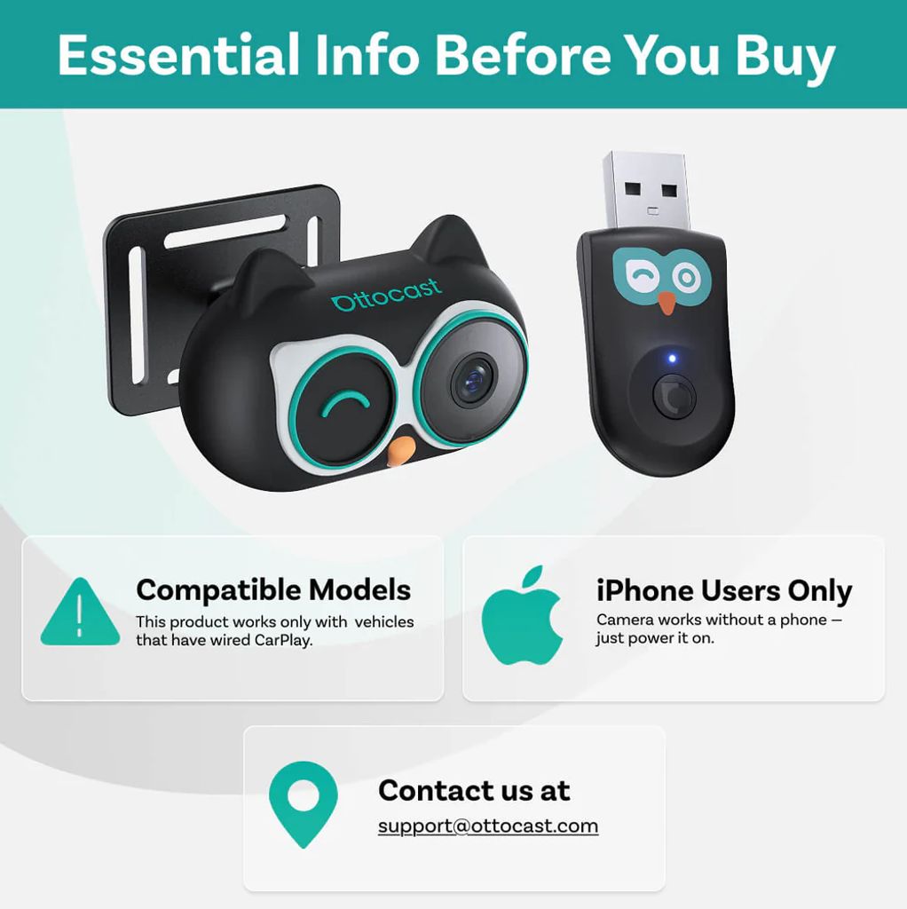 Ottocast Cabin Care Owl trådløs CarPlay-adapter til overvågning - sort