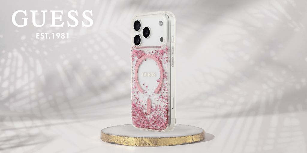 Guess Resin Glitter MagSafe -kuori  iPhone 18 Pro:lle - Vaaleanpunainen