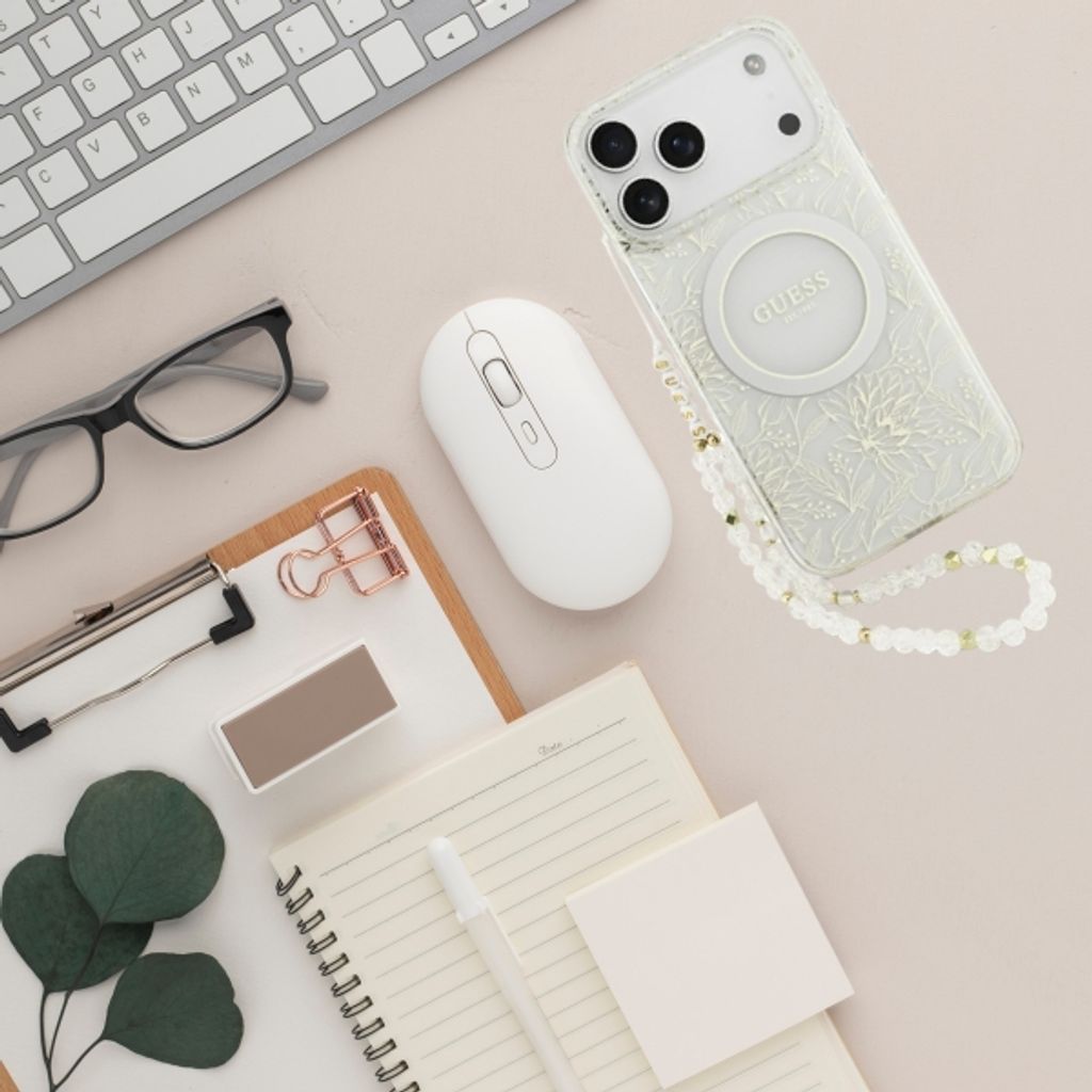 Guess IML Flower MagSafe -kuori helmirannekkeella  iPhone 18 Pro/17 Pro:lle - Valkoinen