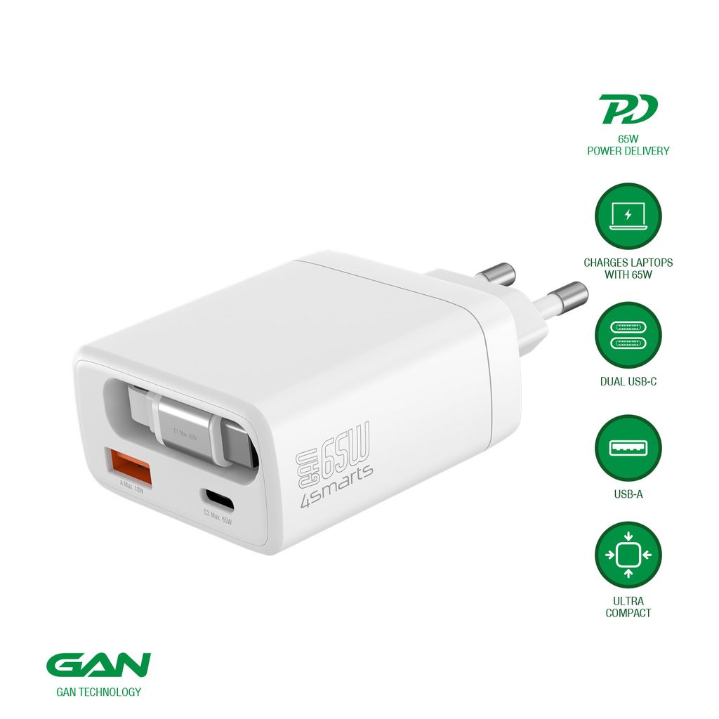 4Smarts PDPlug Jojo 65W vegglader PD GaN med uttrekkbar USB-C-kabel – hvit