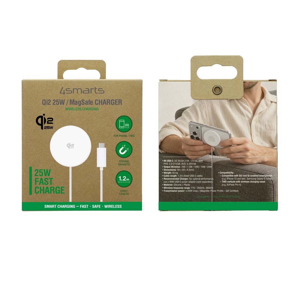4Smarts Qi2 25W Trådløs Oplader MagSafe 1.2m – Hvid