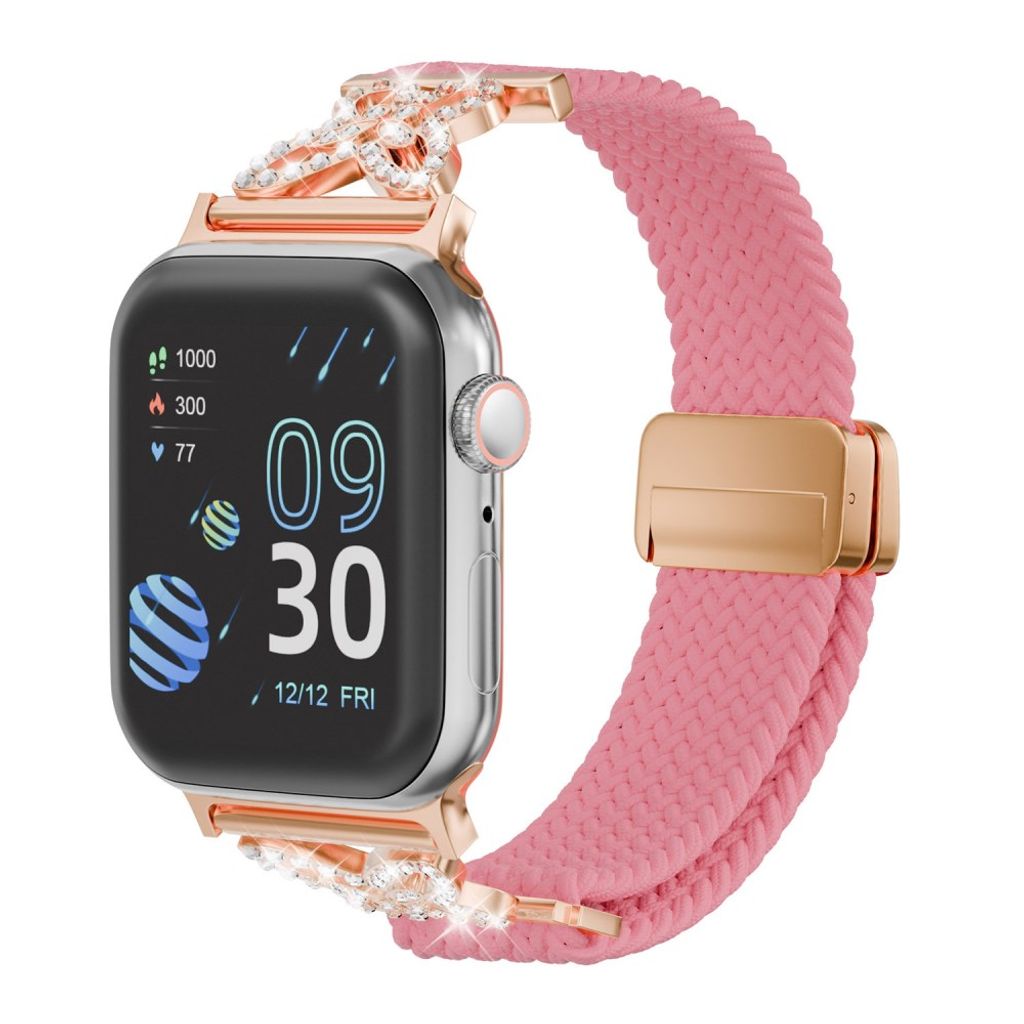 Apple Watch 49/46/44/42mm Flätat Klockarmband i Nylon med Strass - Rosa