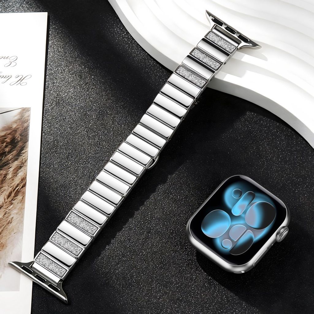 Apple Watch 49/46/44/42mm Klockarmband i rostfritt stål med glitter - Silver