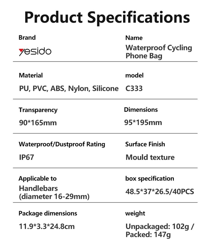 Yesido Vanntett veske til sykkeltelefon med 360° rotasjon