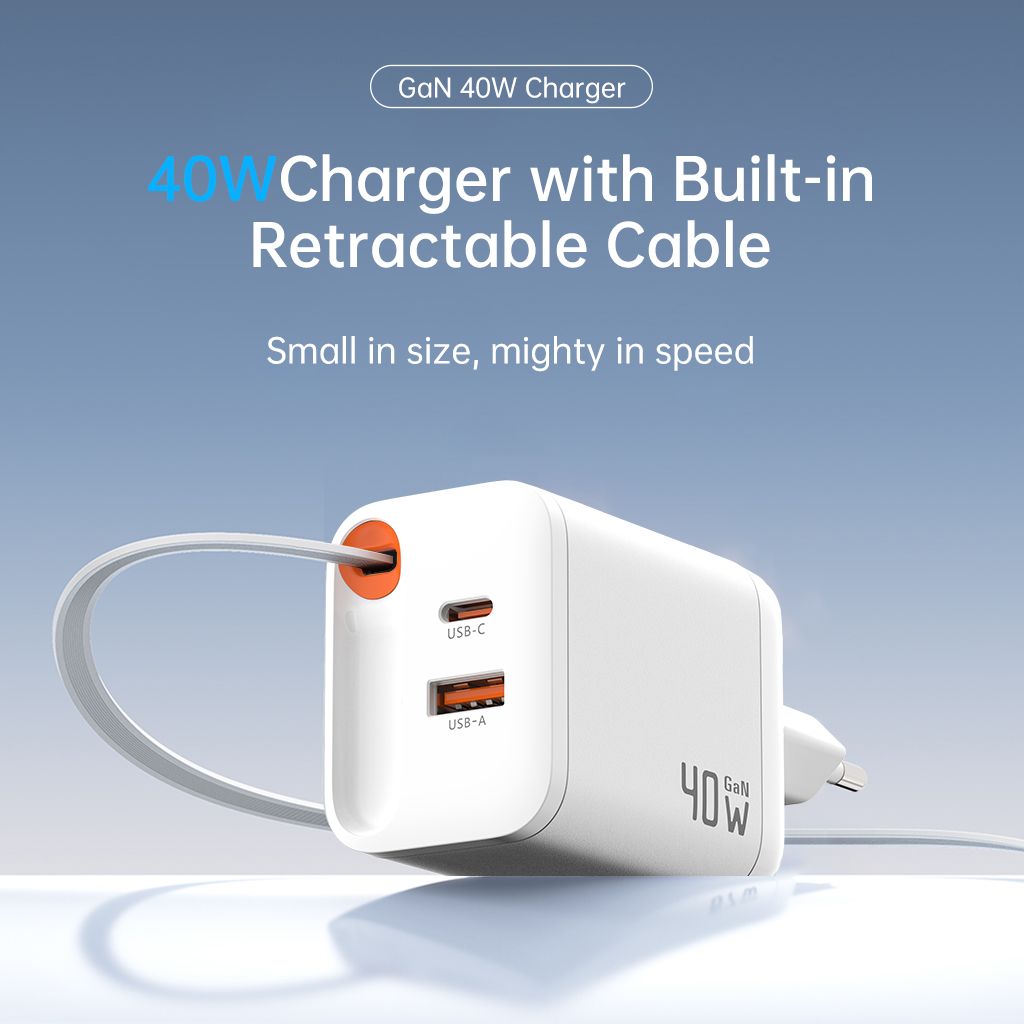 SiGN GaN hurtiglader USB-C/USB-A 40W med forlengbar USB-C-kabel - Hvit