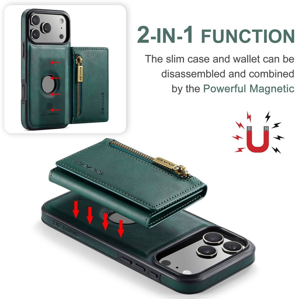 DG.MING iPhone 18 Pro/17 Pro Deksel med Magnetisk Avtakbar Lommebok - Grønn