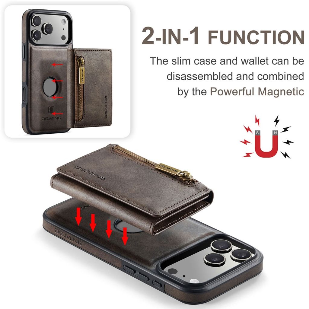 DG.MING iPhone 18 Pro/17 Pro Deksel med Magnetisk Avtakbar Lommebok - Brun