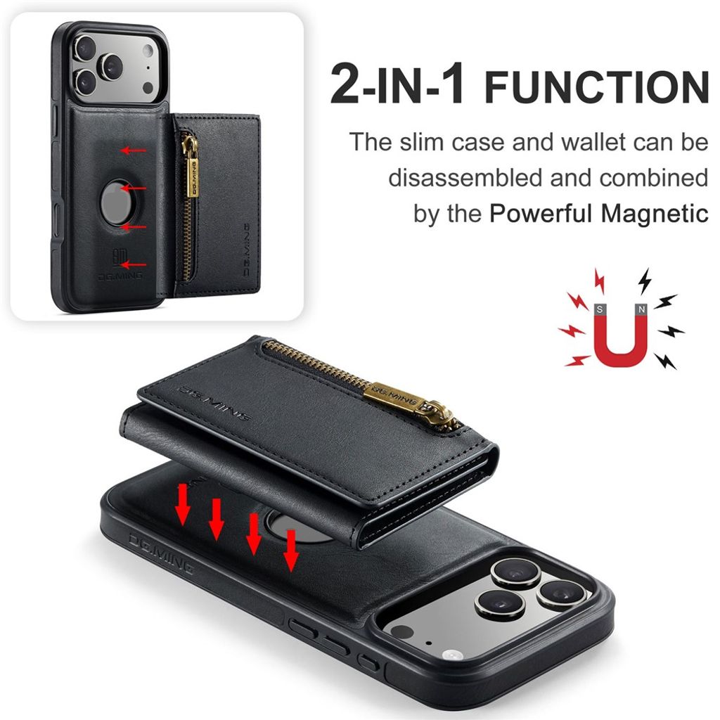 DG.MING iPhone 18 Pro Max/17 Pro Max Skal med Magnetisk Avtagbar Plånbok - Svart