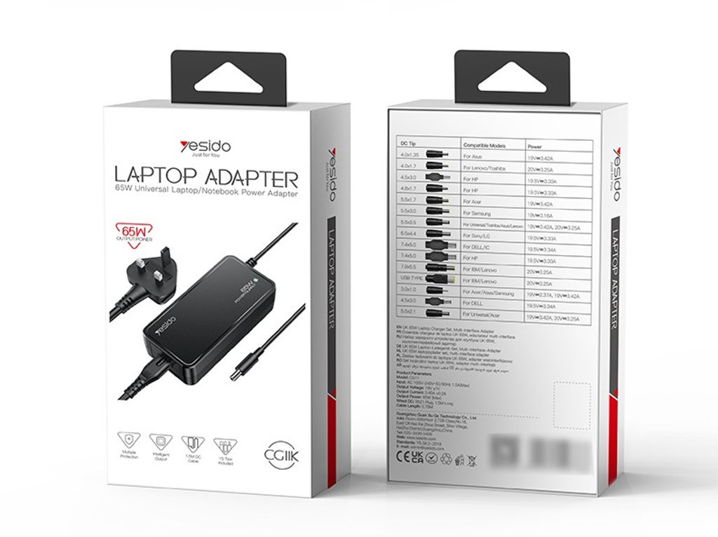 YESIDO CG11E Universal Laptop Oplader 65W Hurtig Oplader med 15 DC Stik