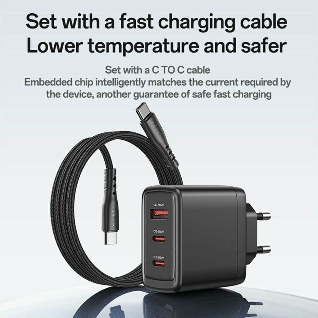 YESIDO YC144C 65W GaN hurtigoplader 2xUSB-C/1xUSB-A med USB-C kabel 1,2m – Sort