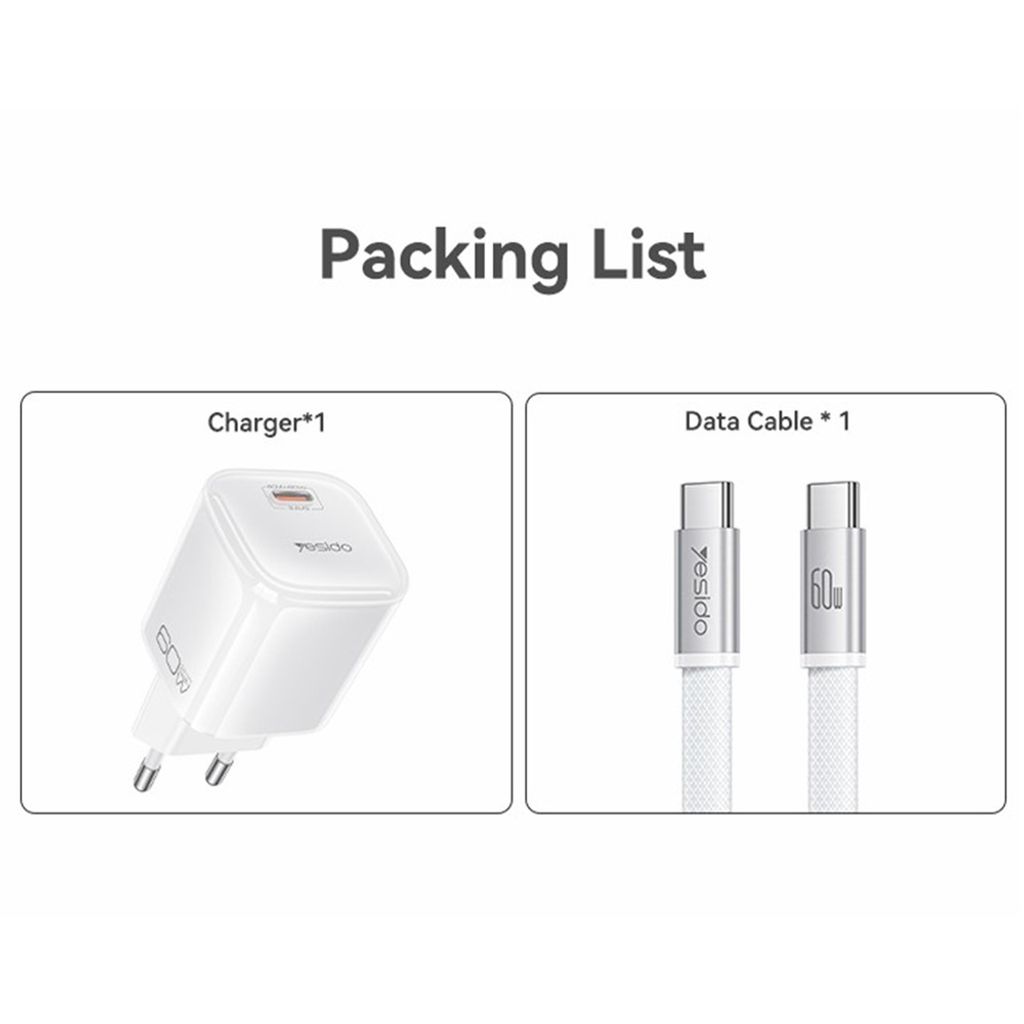 Yesido YC117 60W USB-C GaN-vegglader med USB-C-kabel – oransje