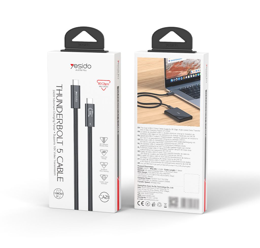 YESIDO CA211 Thunderbolt 5 USB-C til USB-C kabel 240W, 1m – Sort
